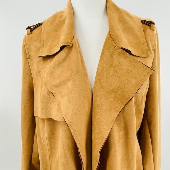 Ookie & LaLa Tan Scuba Suede Open Front Neutral Layer Mid Length Jacket L - Picture 6 of 12